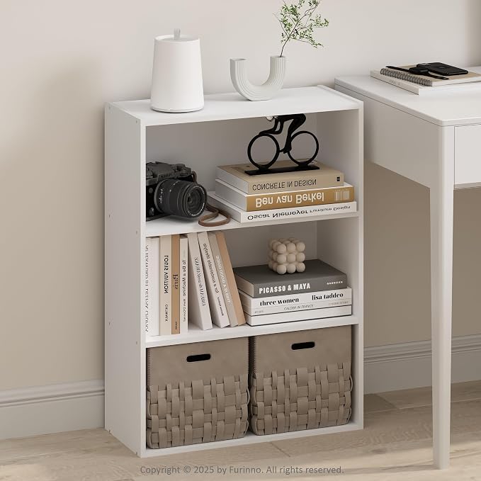 Furinno Simple Book Shelf, 3-Tier Bookshelf, Storage Shelves Bookcase, 9.7 x 23.7 x 31.5, for Living Room, Bedroom, Home Office, Plain White
