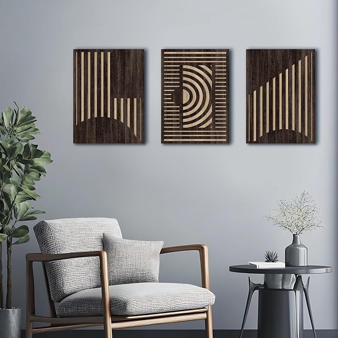 Abstract Geometric Wall Art Vintage Rectangle Wood Grain Effect Prints Pictures Wall Decor 3 Pcs, Rustic Mid Century Brown Minimalist Geometric Paintings Artwork for Home Bedroom Living Room 12x16"
