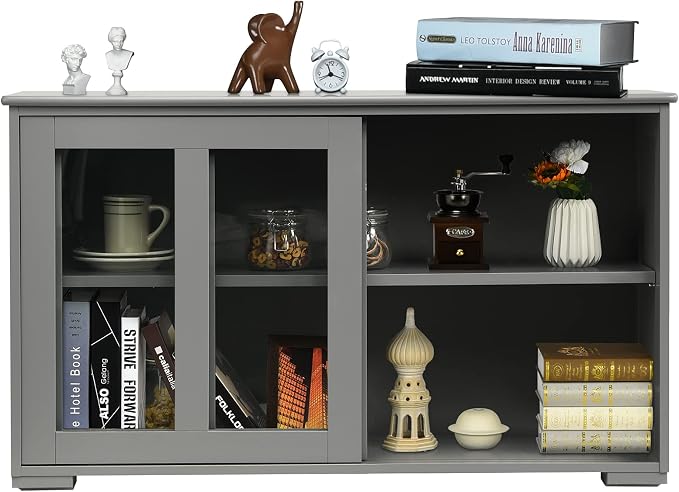 Giantex Buffet Sideboard, Wood Credenza with Sliding Doors, Storage Cabinet with Adjustable Shelf, Modern Console Table, Kitchen Cupboard, Buffet Pantry, Living Room Dining Room Furniture (Gray)