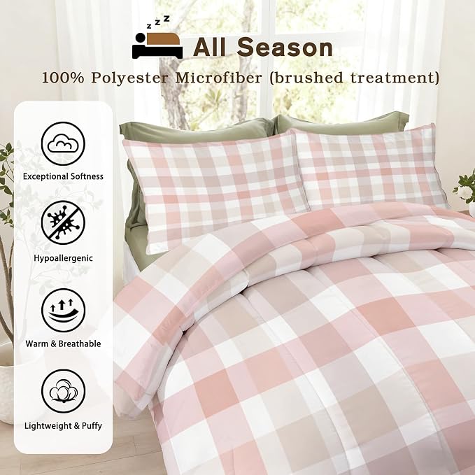 Pink Checkered Twin Size Comforter Sets 2 Piece, Buffalo Check Printed Pattern, Soft All Season Bed Comforter & 1 Pillow Sham, Farmhouse Plaid Bedroom Decor Reversible Bedding D-GM2