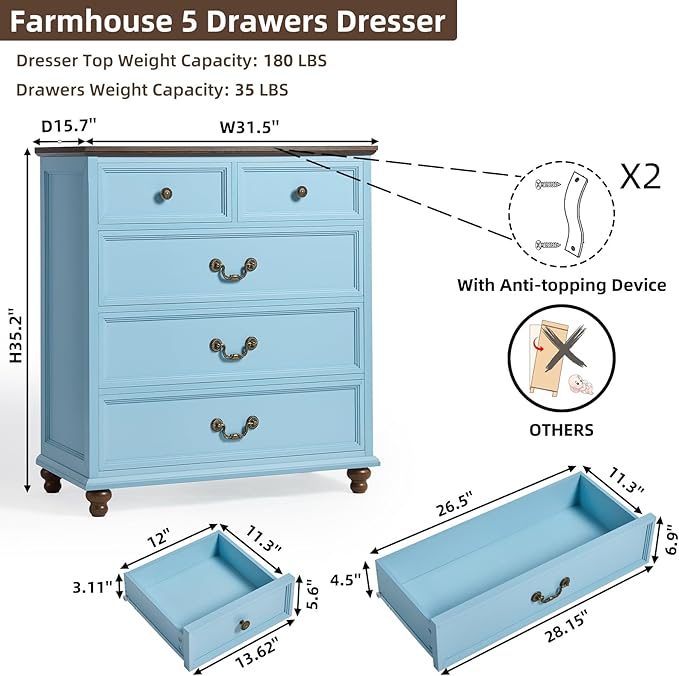 Farmhouse 5 Drawer Dresser Set of 2 for Bedroom, 35" Tall Rustic Chests of Drawers w/ 4 Solid Wood Feet, Mid Century Vintage Wooden Closet Storage Dressers Organizer for Living Room,Light Blue