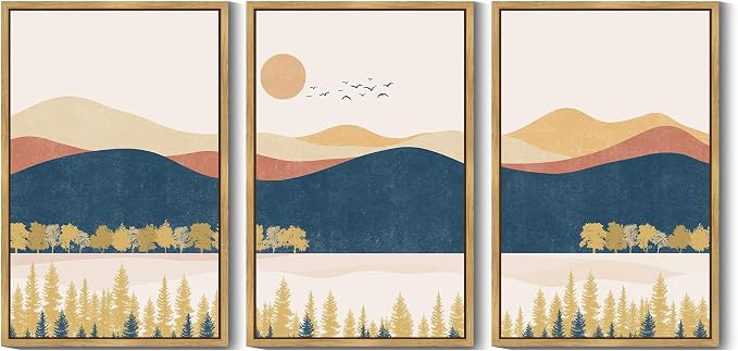 KUVIOKE Bohemain Mountain Landscape Framed Canvas Wall Art Watercolor Nature Artwork Painting Boho Farmhouse Rustic Room Decor for Bedroom Living Room 24x36in (Natural Framed)