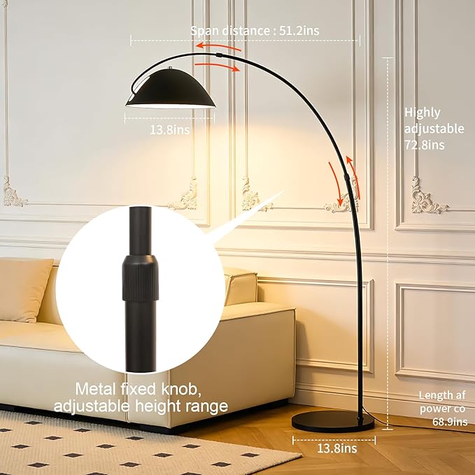 Black Arc Floor Lamp 72" Tall with Remote, Bright Dimmable 20W LED Smart Reading Light, Adjustable Over Couch Arc Standing Lamp for Living Room, Bedroom, Office, Modern Arched Metal Design,Foot Switch