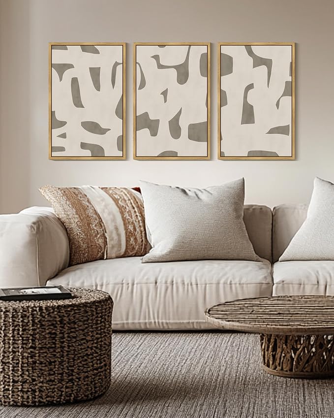 KUVIOKE Bohemain Abstract Framed Wall Art Brown Mid-Century Duotone Minimal Dark Brush Stroke Neutral Modern Minimalist Painting Decorative Artwork 16x24in (Natural Framed)