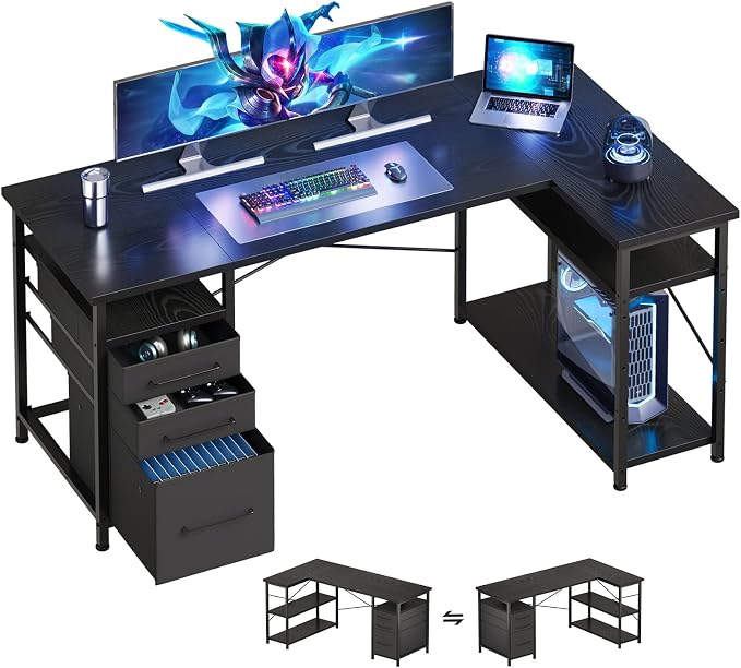 Maihail 55" Computer Desk with Drawers, Desks for Bedrooms, Writing Desk with Storage, Work Desk for Small Space, Black