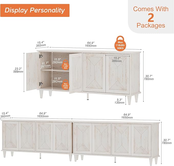 WAMPAT 130-inch Handcrafted Patchwork Decorative Buffet Cabinet with Pop-Up Design Doors,2-in-1 Large Modern Farmhouse Accent Credenza for Coffee Bar, Kitchen, and Living Room, Pale Oak