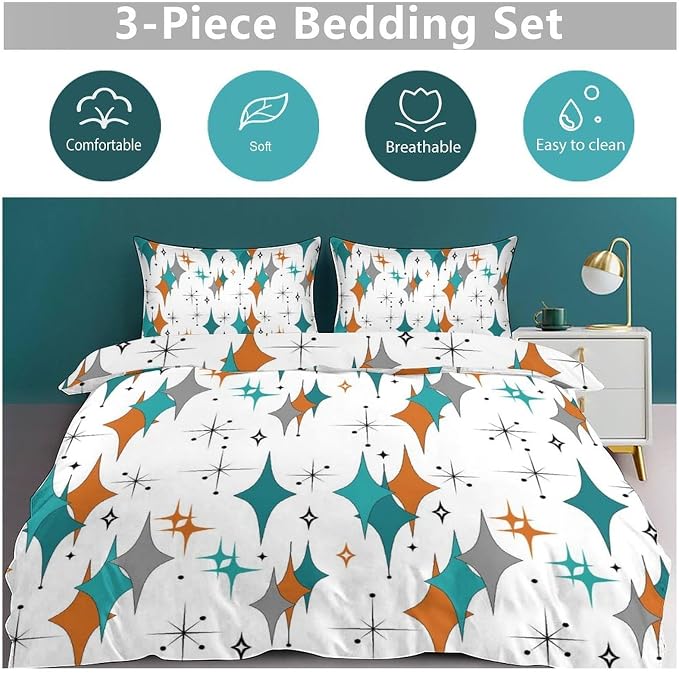 Mid Century Bedding Set,Modern Orange Blue Abstract Atomic Geometric Pattern Retro 1950s 1960s Style Comforter Set with Pillowcase for Bedroom Bed Decor,Full 79"x90"