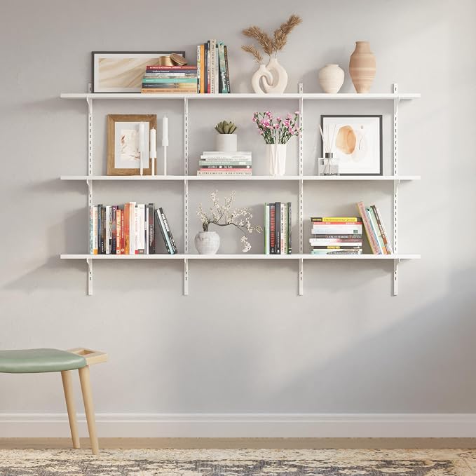 Wallniture Turin 60 inch x 8 in Wall Shelf for Home Storage and Decor, Floating Bookshelf for Living Room, Ladder Shelves with Adjustable Standard Rail Bracket System for Closet, Laundry, Kitchen