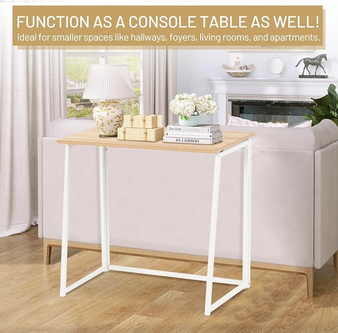 FurnitureR Folding Desk, 31.5 Inches Foldable Simple Laptop Table, Space Saving Computer Study Desk Compact Writing Workstation for Small Space, Light Oak