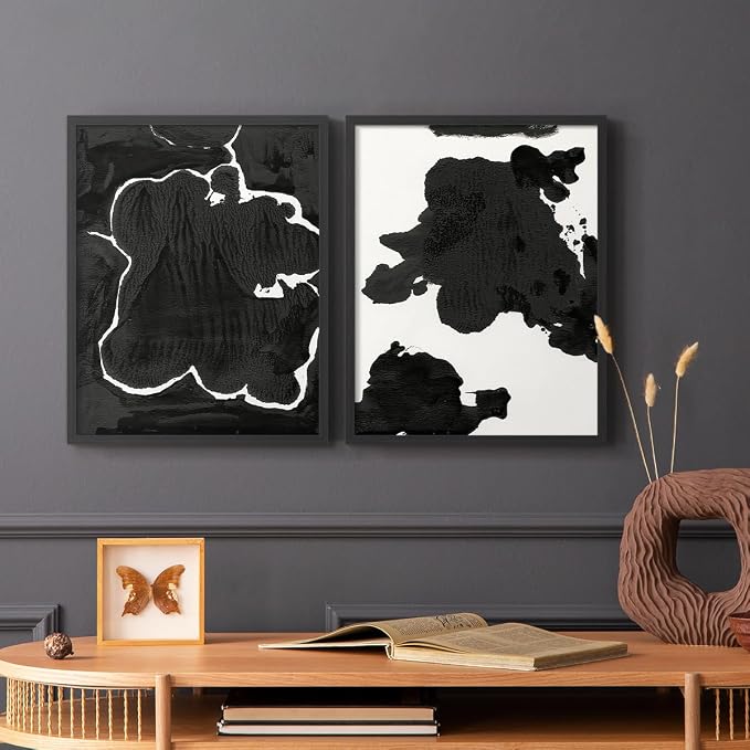 Renditions Gallery Set of 2 Peel & Stick Framed Prints, Fluid Abstract Wall Art, Black and White Inkblot Wall Decor, Re-Stickable - Ready to Hang - 22"x28" - Black Frame LT588