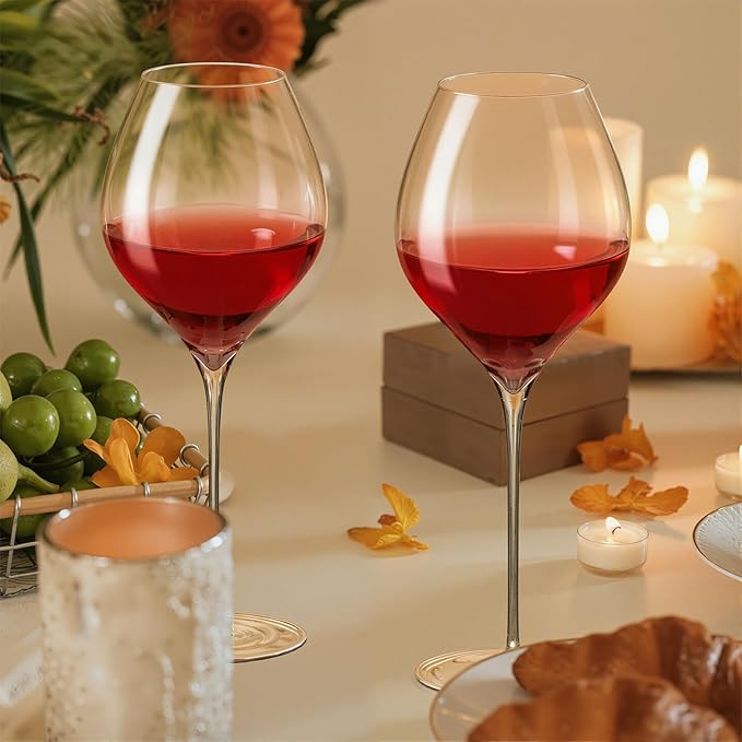 KAMMAK Wine Glasses Set of 2, 20.29 oz Hand Blown Crystal Bordeaux Wine Glasses, Thin Rim & Long Stem, Perfect for Red & White, Daily Use, Wedding or Birthday Gift with Gift Box, Wuji