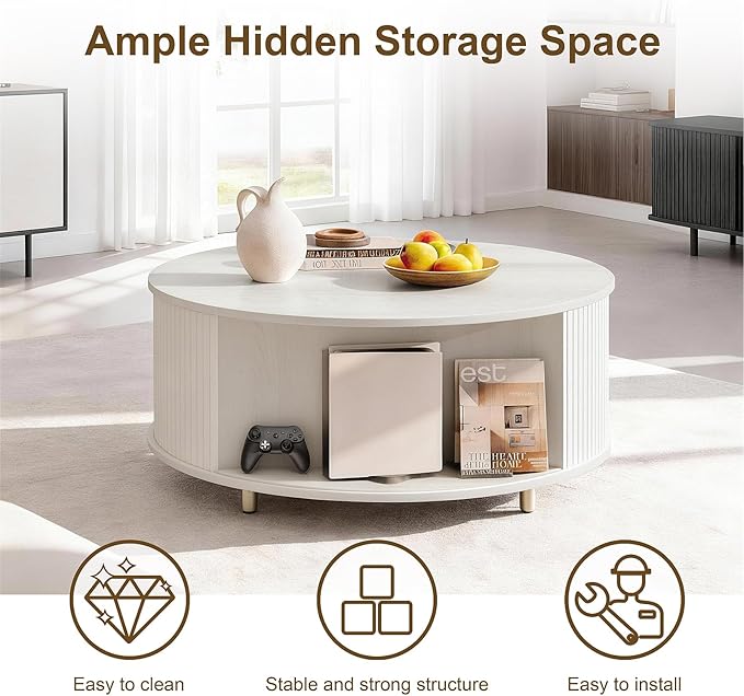 DHH Round Coffee Table, 31.5" Mid Century Modern Coffee Table with 360° Sliding Tambour Door, Fluted Accent Coffee Table with Storage Adjustable Footpads for Living Room (White)