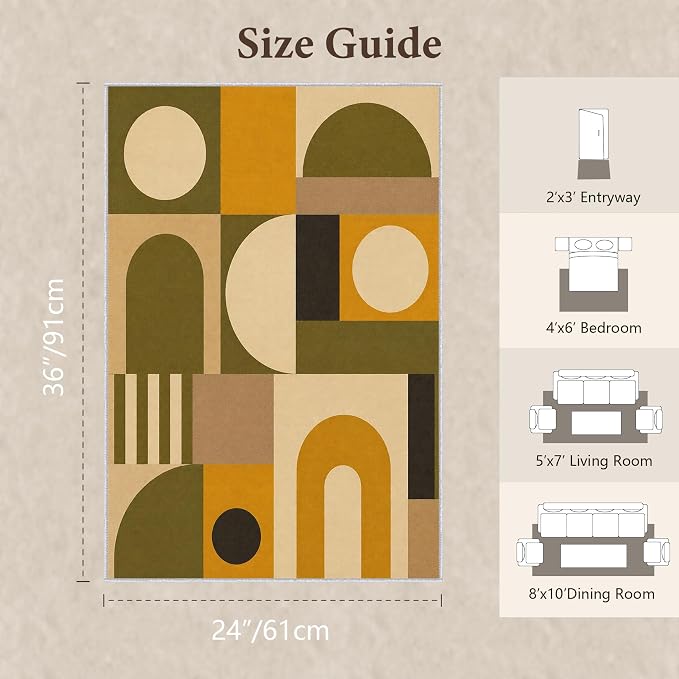 Olive Bauhaus Area Rug 2x3, Mid Century Modern Geometric Rug, Mustard Green Abstract Color Block Washable Low Pile Non Slip Rug for Living Room Bedroom