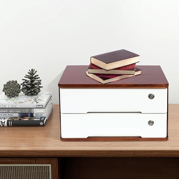 Desktop File Organizer with Lock, 2/3/4 Tier Multi-Drawer Wooden Storage Cabinet, Office Supply Organizer for Home Desk, Study & Workplace (Wine Red + White, 2 Layers)