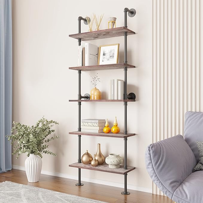 Yuanshikj 5 Tier Industrial Pipe Solid Wood Ladder Shelf/Shevles/Shelving Bookshelf/Bookcase Metal Iron Planks Rustic Wall Mounted for Living Room Decor Storage (5 Tier with 24" Solid Wood)