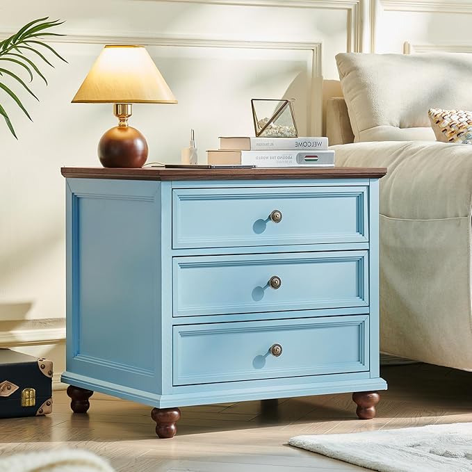 Farmhouse Nightstand with Charging Station, 24" Wide End Table with 3 Drawers,Light Blue Wood Dresser for Bedroom, Bed Side Table Chest of Drawers Cabinet,Night Stand for Living Room, Closet