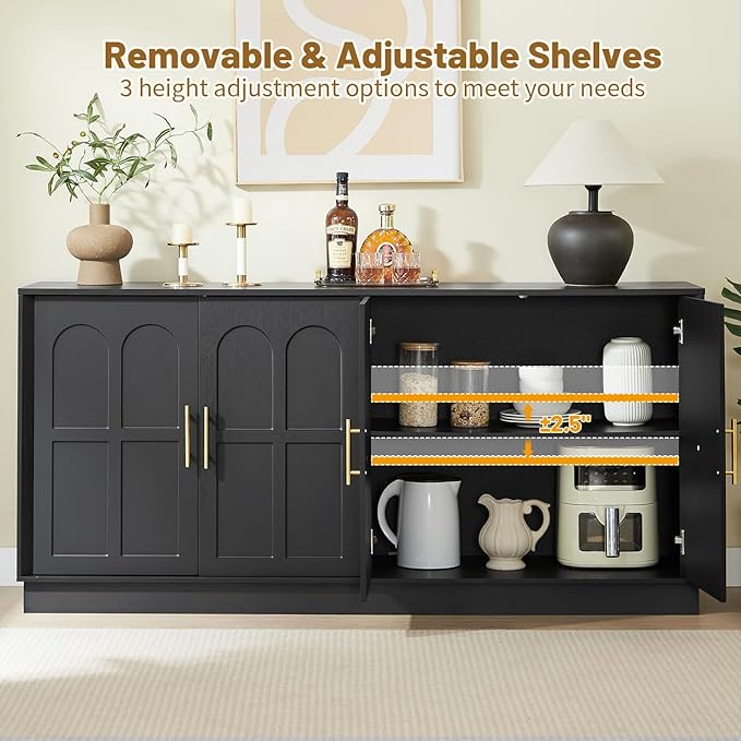 LKTART Sideboard Buffet Cabinet with Storage, Modern Credenza Accent Console Cabinets with Arched Doors, Kitchen Buffet Cabinet for Living Room Dining Room Entryway, Black