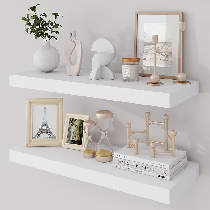 24 Inch Floating Shelves, 9.3" Deep Floating Shelf Wall Mounted, 24" Wall Shelves, Rustic Deep Bookshelf, Large Display Shelves & Storage Shelves for Bedroom, Living Room, White, Set of 2