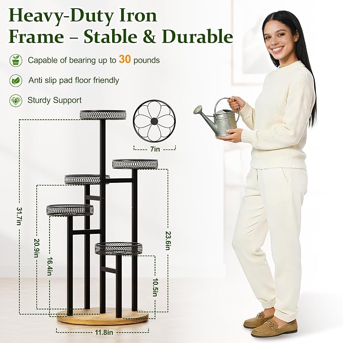 Black Stand Plants, 5-Tier Metal Plant Stands for Outdoor Indoor Plants,Heavy Duty Flower Pot Stands for Multiple Plants,Decoration Display Racks for Patio Garden -BlackFlower