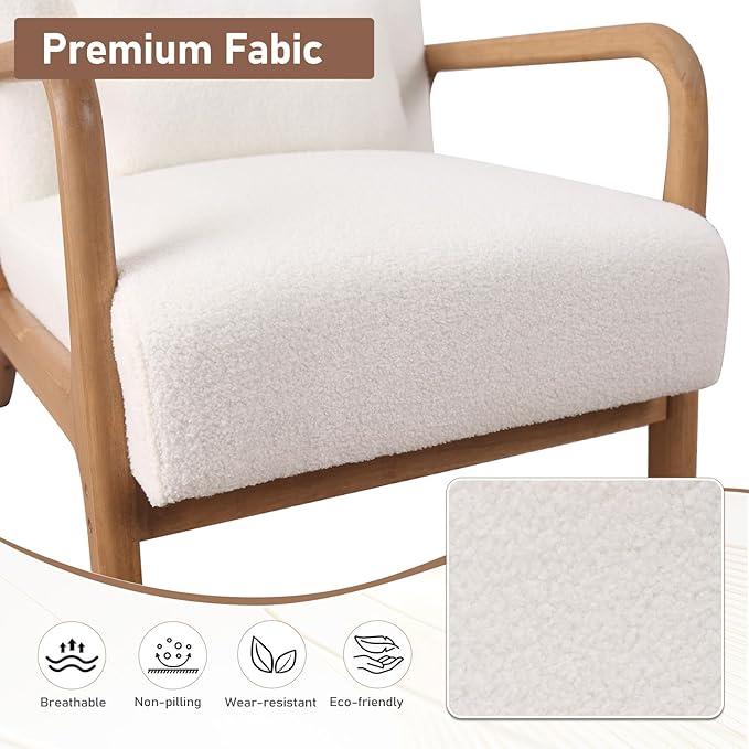 ANJ Mid Century Modern Accent Chair, Single Fabric Lounge Reading Armchair with Solid Wood Frame, Easy Assembly Arm Chairs for Living Room, White