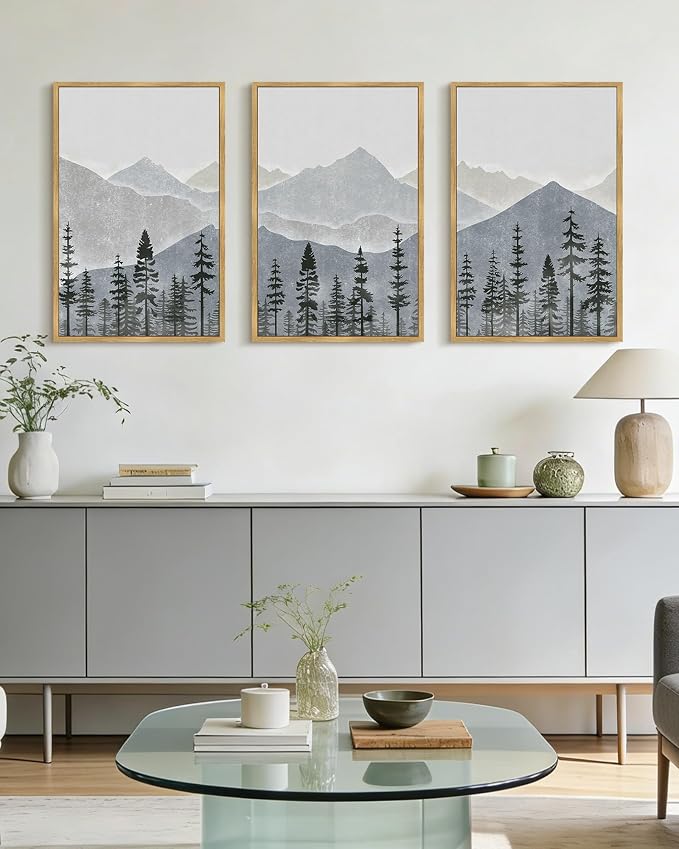 KUVIOKE Mountain Landscape Framed Wall Art Watercolor Nature Forest Painting Boho Farmhouse Rustic Room Decor for Bedroom Dining Room 16x24in (Natural Framed)