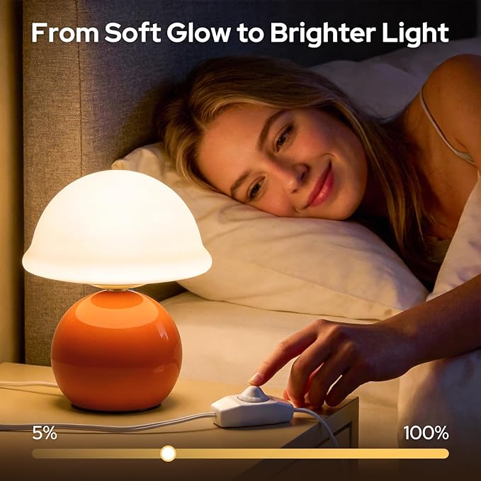Mushroom Table Lamp for Bedroom, Cozy Bedside Lamp with Glass Shade, Stepless Dimmable Nightstand Lamp for Relaxing Bedroom Decor & Aesthetic Home (Orange)
