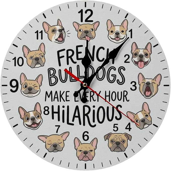 Cute French Bulldog Dog Wooden Wall Clock Silent Non Ticking 10/12in Battery Operated Decorative Pet Owner Gift for Kitchen Kids Room Office