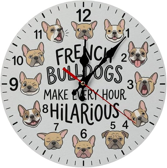 Cute French Bulldog Dog Wooden Wall Clock Silent Non Ticking 10/12in Battery Operated Decorative Pet Owner Gift for Kitchen Kids Room Office