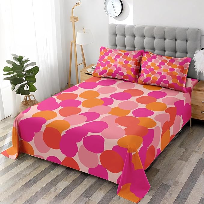 Pamnest Full Size Bed Sheet Sets, Pink Orange Colorful Soft Microfiber 4 Pcs Bedding Sets for Kids and Adults Bedroom Bed Decor, Geometric Abstract Dots Flat, Fitted Sheet and 2 Pillowcases