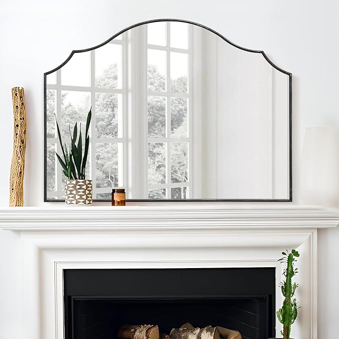 Besdomus Black Scalloped Wall Mirror: 40"x29" Large Modern Wooden Arched Dresser Mirror - Minimalist Fireplace Decorative for Bathroom/Bedroom/Mantel/Vanity/Entryway/Living Room - Stylish Home Decor