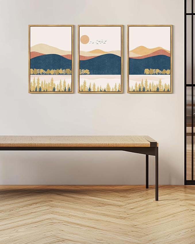 KUVIOKE Bohemain Mountain Landscape Framed Canvas Wall Art Watercolor Nature Artwork Painting Boho Farmhouse Rustic Room Decor for Bedroom Living Room 16x24in (Natural Framed)