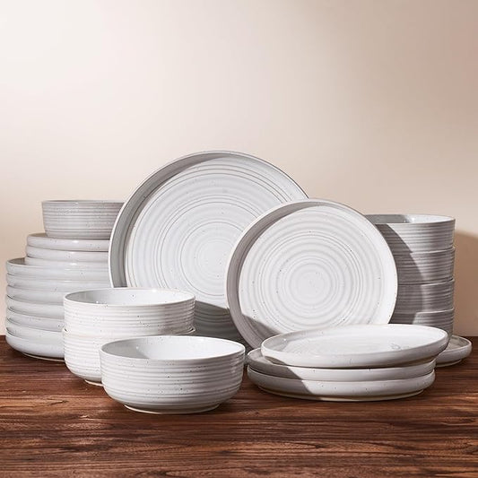 Stoneware Dinnerware Set, Highly Chip and Scratch Resistant Everyday Plates and Bowls for 8 (24pcs), Reactive Glaze Speckled Ceramic Flared Dishes with Gift Box, Microwave Dishwasher Safe, White