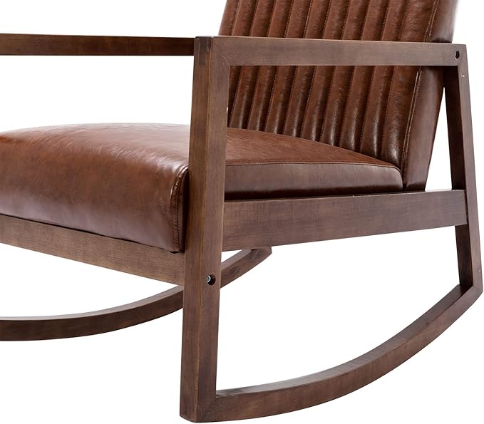 VESCASA Upholstered Rocking Chair with Channel-Tufted Back, Mid-Century Modern Comfy Oil Wax PU Leather Rocker with Black Walnut Wood Frame for Nursery Living Room Bedroom Indoor, Brown