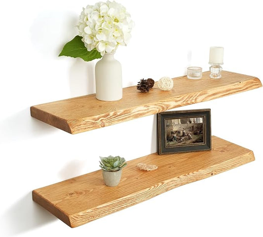 32 Inch Wooden Floating Shelves for Wall Set of 2, Finnish Spruce Solid Wood Shelf, Natural Wood Floating Shelves for Living Room, Bathroom, Bedroom, Kitchen, Natural Finish