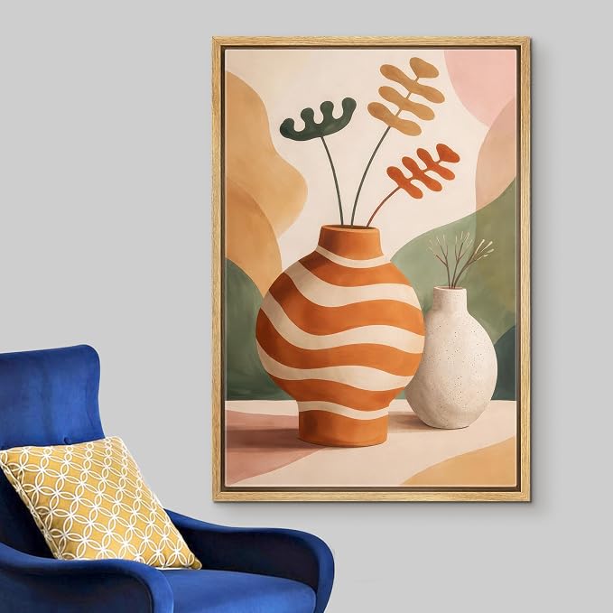 Woodrose Framed Canvas Print Wall Art Mid Century Modern Vase Still Life Illustrations Modern Art Minimalist 3D Colorful Ultra for Living Room, Bedroom, Office - 24"x36" NATURAL