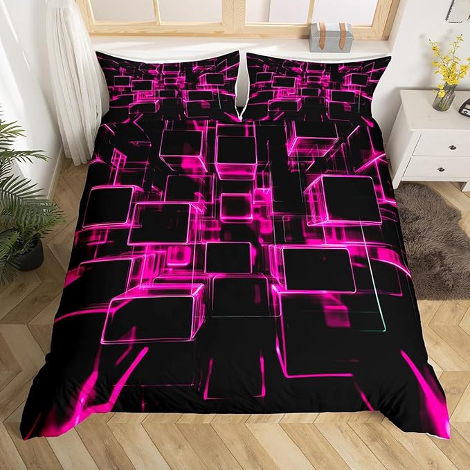 Erosebridal Girly Pink and Black Kids Duvet Cover, Modern Abstract Geometric Square Bedding Sets for Boys Girls Gradient Neon Light Honeycomb Bed Cover Twin with 1 Pillowcase