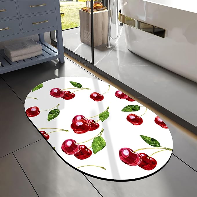 Bathroom Rug Mat Watercolor Red Cherry Oval Bath Mat Doormat Absorbent Quick Dry Non Slip Diatom Mud Mat for Shower Tub Sink Laundry Kitchen Doorway 23.6x15.7 Inches