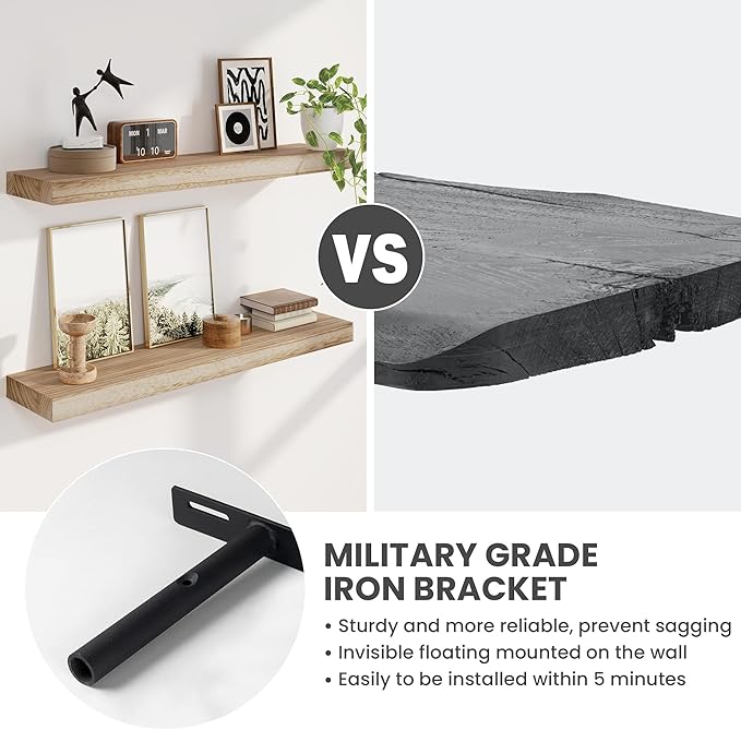 Solid Wood Floating Shelves for Wall 55"W x 8"D x 1.56"H Set of 1, Deep Wall Shelves for Living Room Bedroom Bathroom Kitchen Decor Storage with Invisible Heavy-Duty Metal Bracket, Carbonized Black