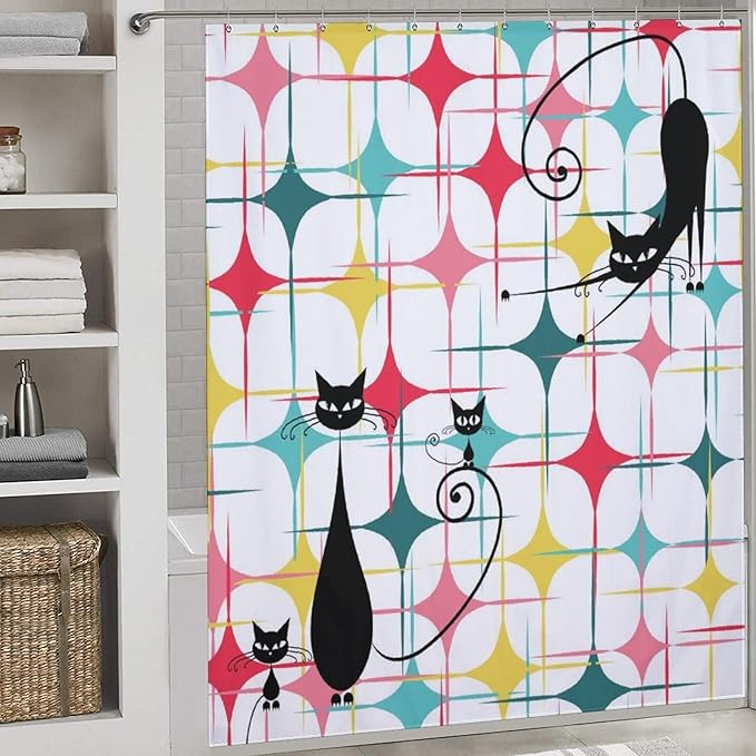 Mid Century Black Cat Shower Curtain,Retro Atomic Stars Abstract Iconic 60s Vintage Geometric Fabric Bathroom Decor Curtain with Hooks 72x72in（183x183cm）