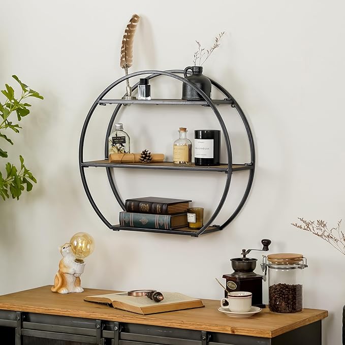Industrial Style Semi-Circle Shaped Wall Shelves, 3 Tier Decorative Floating Ledge Shelves, Wall Mounted Metal Bracket Wooden Display Hanging Shelf