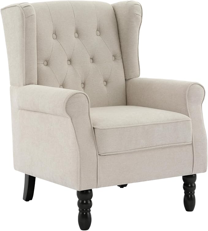 High Back Accent Chairs Set of 2, Fabric Upholstered Armchair Wingback Chair for Living Room, Comfy Single Sofa Bedroom Reading Seat with Solid Wood Legs, Beige