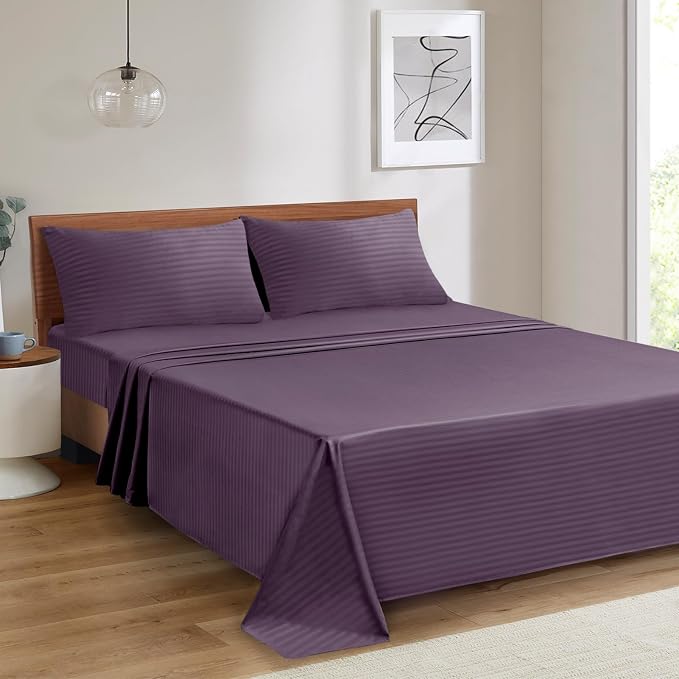 Mejoroom Striped King Size Bed Sheet Set - Hotel Luxury 1800 Bedding Sheets & Pillowcases - 15" Deep Pocket Fitted Sheet, Soft, Breathable, Wrinkle & Fade Resistant - 4 Piece(Purple)