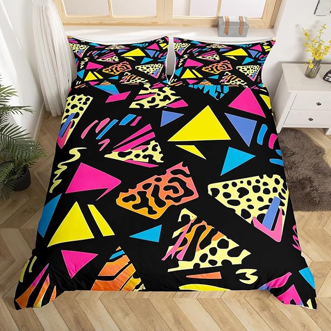 Erosebridal Memphis Pattern Bedding Set Full Size,Retro 80S Duvet Cover Funky 90S Comforter Cover Memphis Style Decor 80S Backdrop 90S Bed Set Retro Bedding Vintage 1980 Party Decor