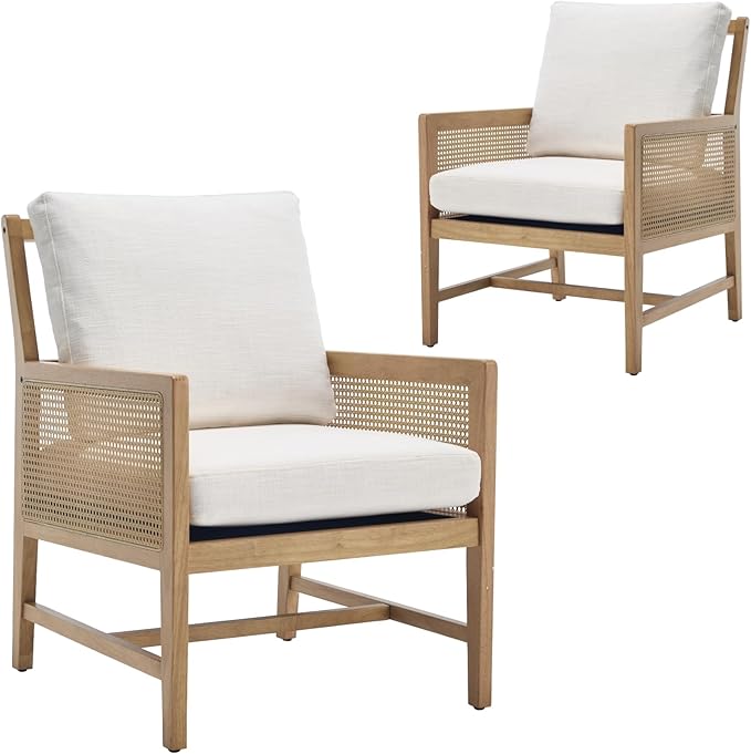 chairus Mid-Century Modern Accent Chairs Set of 2, Upholstered Solid Wood Armchairs with Cane Armrests & Slat Back, Comfy Rattan Reading Chairs for Living Room Bedroom Guest Room, Cream White Linen