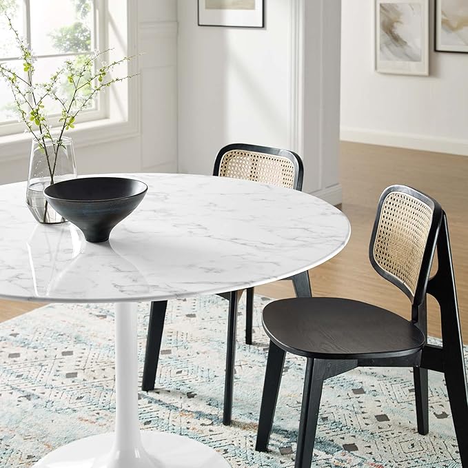 Modway Lippa 47" Mid-Century Dining Table with Round Artificial Marble Top in White