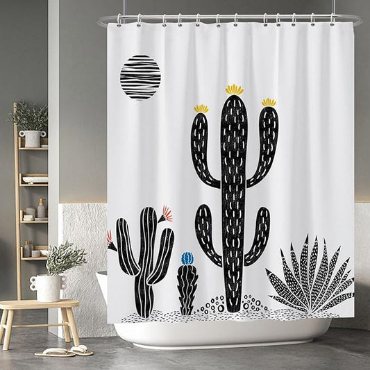 Baocicoo Boho Cactus Shower Curtain Tropical Plants Minimalism Floral Abstract Moon Black and White Shower Curtains for Hotel Home Bathroom Polyester Waterproof Fabric with Hooks 60x72 Inches