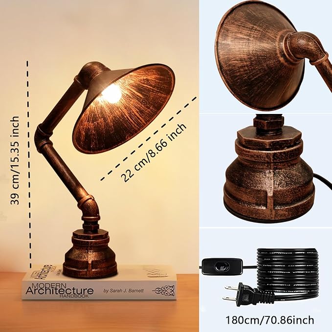 Steampunk Table Lamp, Industrial Water Pipe Lamp Retro Iron Piping Desk Lamp Vintage Nightstand Lamps for Bedroom Living Room Kitchen Café Dorm Pub Brown1