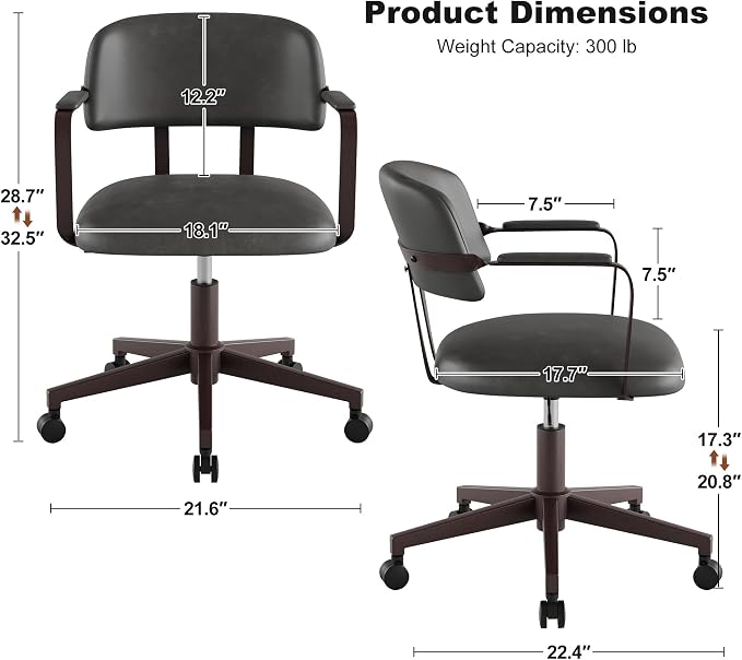 Home Office Desk Chair, Mid-Century Modern Desk Chair with Padded Arms, Adjustable Seat Height, Mid Back 360° Small Computer Chair with Mobile Mute Wheel, PU Leather (Dark Grey,2BOX)
