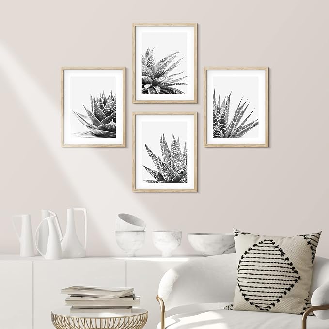 SIGNWIN Framed Black White Snake Plant Agave Cactus Succulent Wall Art, Set of 4 Floral Botanical Wall Decor Prints, Nature Wilderness Wall Décor for Living Room, Bedroom - 11"x14" Natural