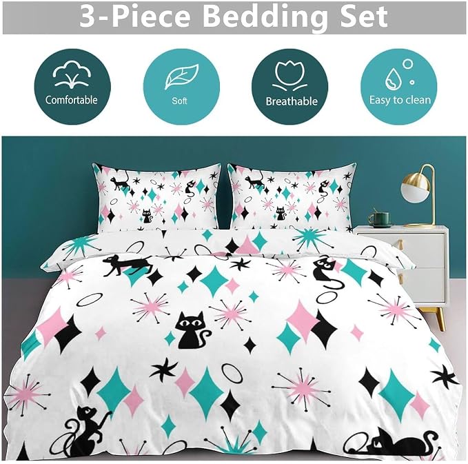 Geometry Modern Bedding Set,Mid Century Black Cat Abstract Atomic Geometric Vintage 1950s 1960s Pattern Print Yellow Comforter Set with Pillowcase for Bedroom Bed Decor,Queen 90"x90"